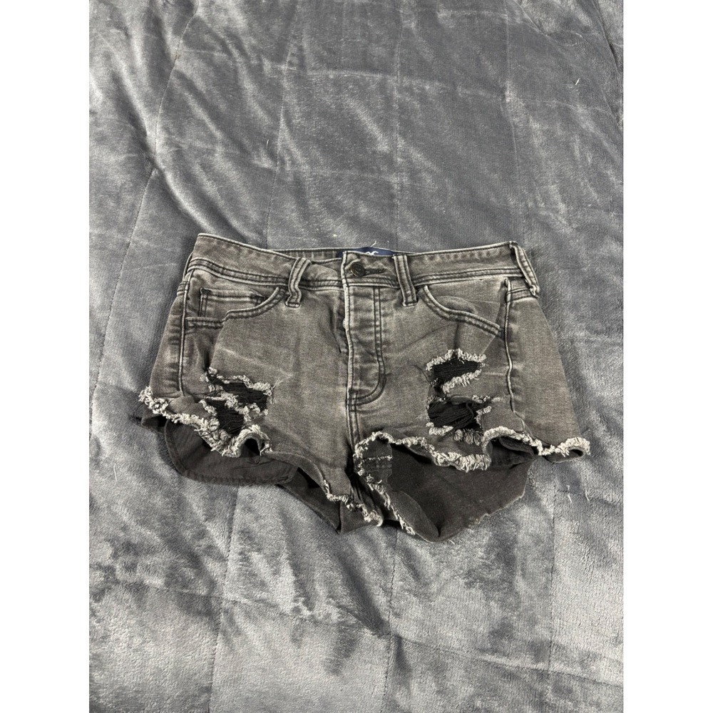 Hollister Low Rise Vintage Shorts Black Distressed Denim Button Fly Size 0 W24